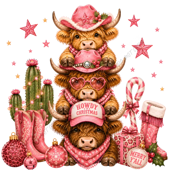 Three stacked Highland cows wearing pink cowboy hats and accessories, ready to press dtf transfer with stars and holiday elements