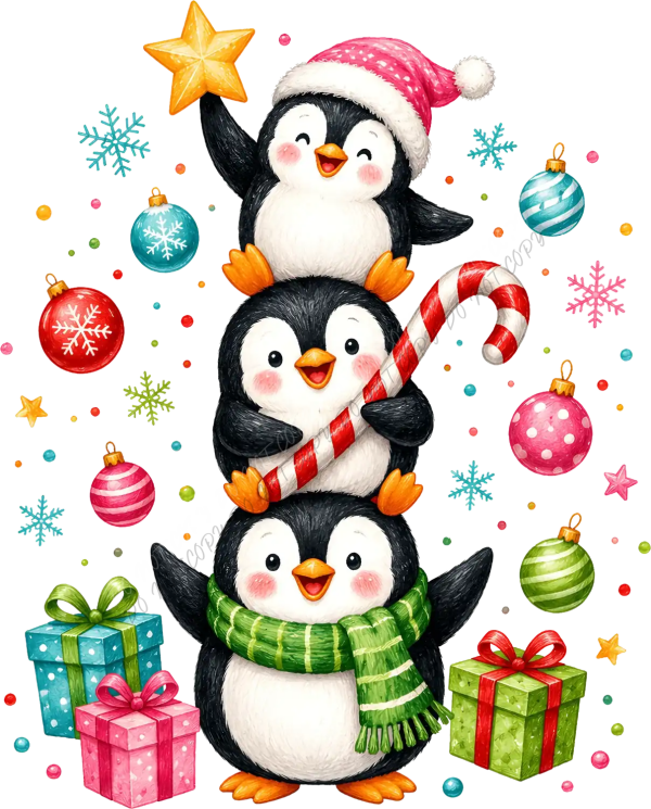 Three cute stacked penguins wearing Santa hats and scarves, surrounded by colorful ornaments and snowflakes, ready to press dtf transfer
