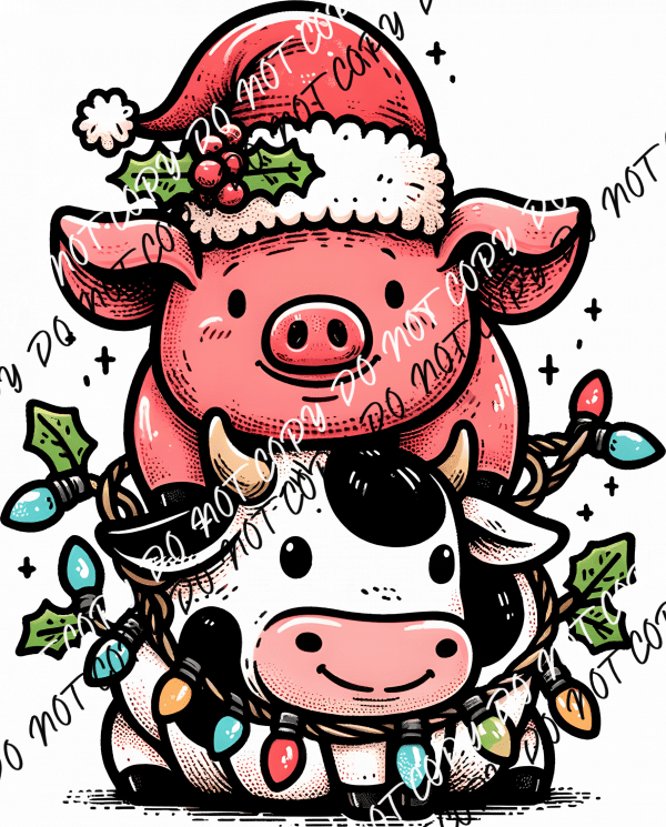 Stacked Pig and Cow Christmas Lights - We Print U Press DTF Transfers