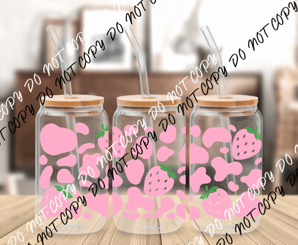 Strawberry Cow UV Transfer for 16 oz Glass Can - We Print U Press DTF Transfers