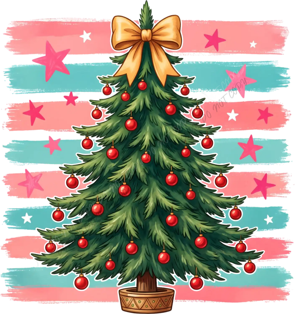 Green Christmas tree with red ornaments, gold bow, and striped background ready to press dtf transfer