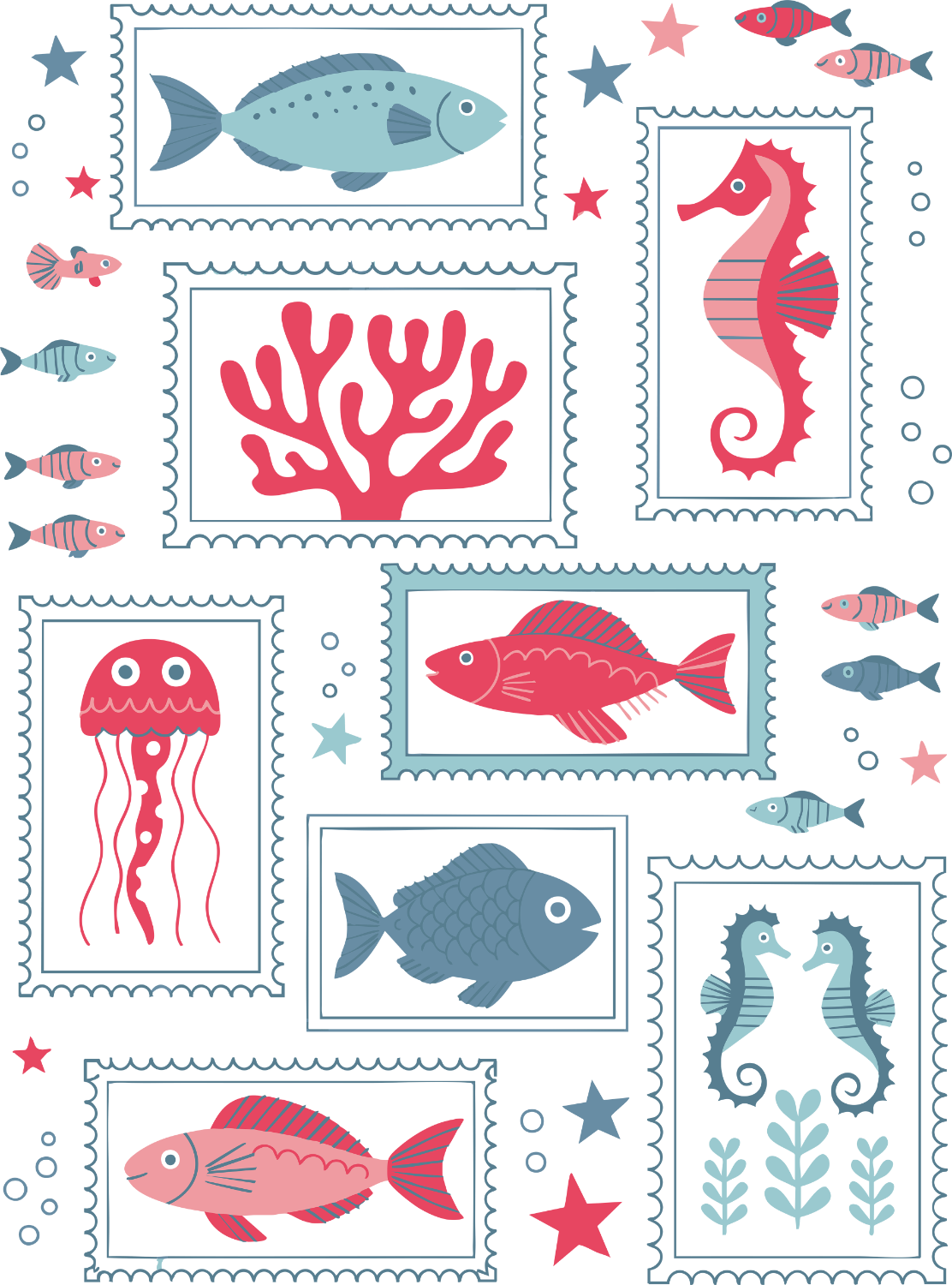 Ocean-themed stamp collection with fish, seahorse, jellyfish, coral, and seaweed in pink and blue ready to press dtf transfer