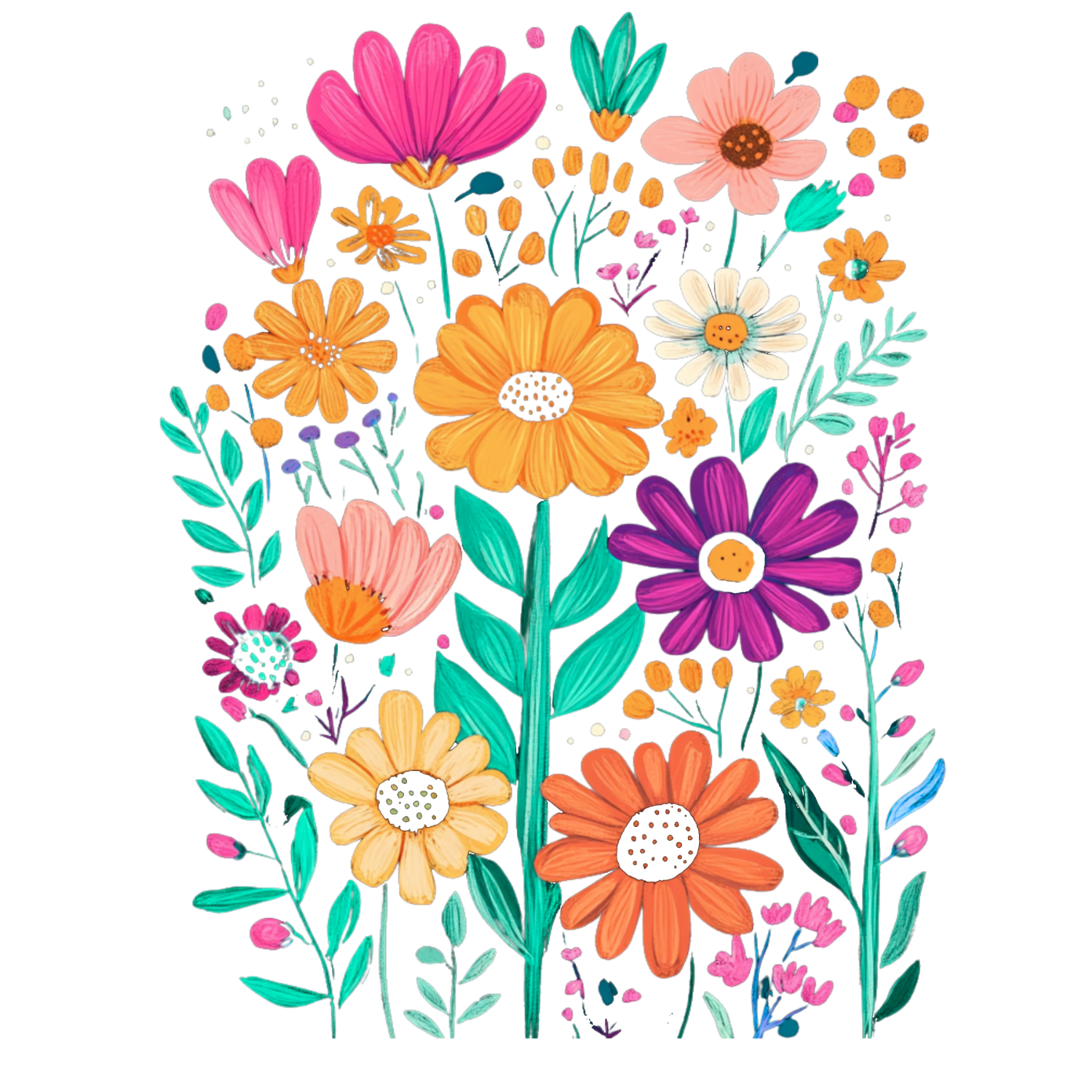 Colorful floral garden illustration with pink, orange, yellow, and purple flowers ready to press dtf transfer