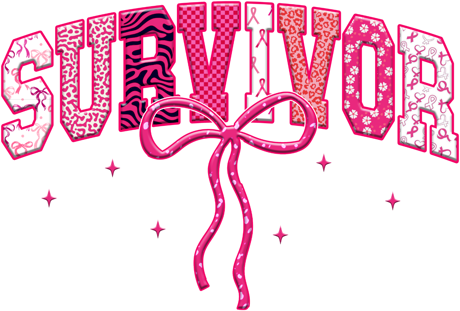 Bright pink Survivor text with bold patterned lettering and large decorative bow ribbon, ready to press dtf transfer.