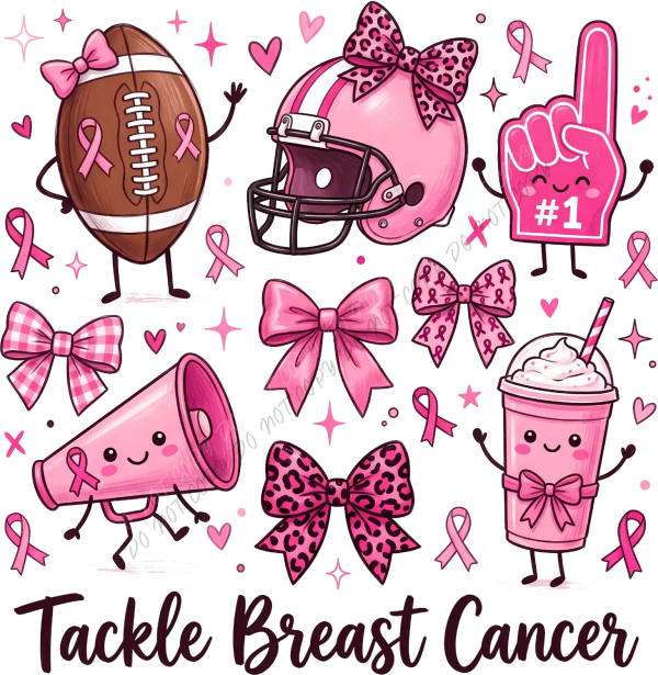 Cartoon football with pink ribbons and bows, ready to press dtf transfer design with awareness theme