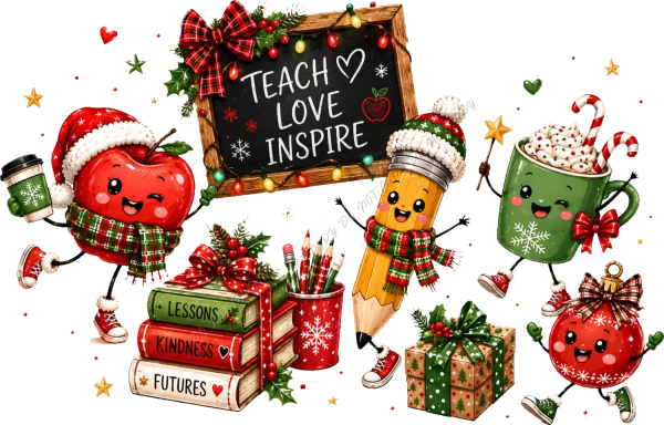 Colorful Christmas teacher DTF transfer with smiling apple, pencil, mug characters, books, and chalkboard saying 'Teach Love Inspire' ready to press dtf transfer