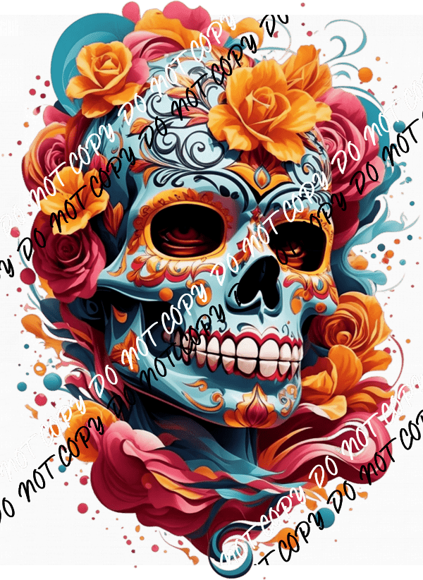 Teal Skull with Orange Roses DTF Transfer - We Print U Press DTF Transfers