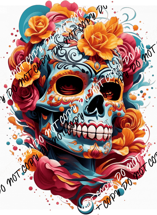 Teal Skull with Orange Roses DTF Transfer - We Print U Press DTF Transfers