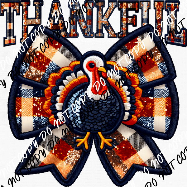 Thankful Turkey Bow Faux Embroidery DTF Transfer - We Print U Press DTF Transfers