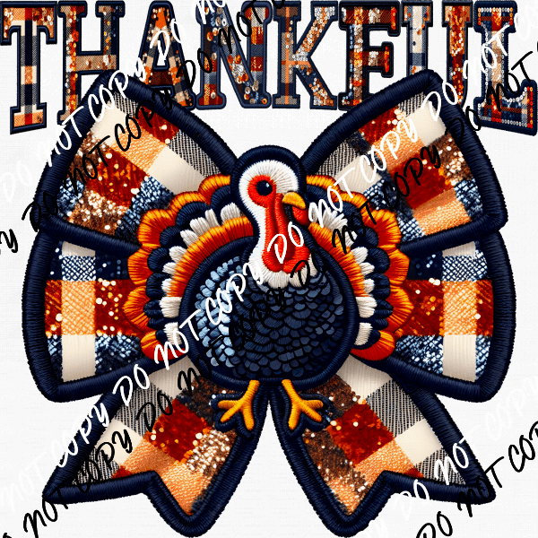 Thankful Turkey Bow Faux Embroidery DTF Transfer - We Print U Press DTF Transfers