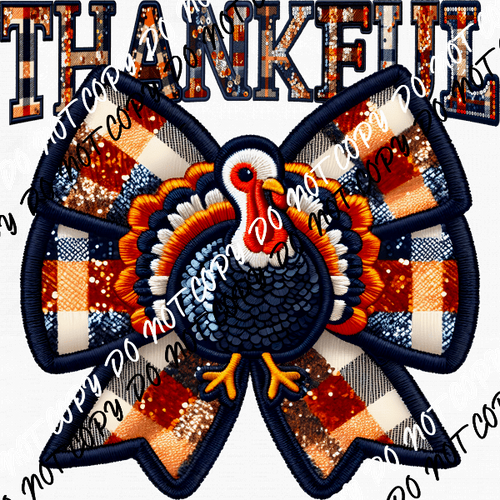 Thankful Turkey Bow Faux Embroidery DTF Transfer - We Print U Press DTF Transfers