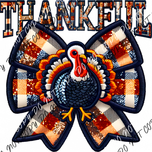 Thankful Turkey Bow Faux Embroidery Dtf Transfer Rtp Transfers