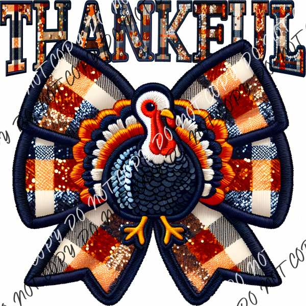 Thankful Turkey Bow Faux Embroidery Dtf Transfer Rtp Transfers