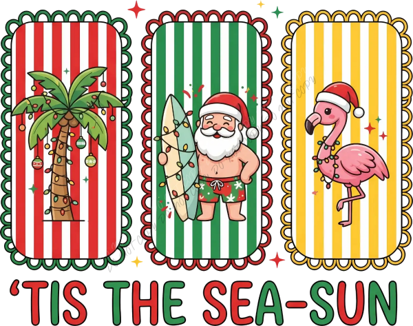 Three festive panels with striped backgrounds featuring palm tree ornaments, Santa surfing, and flamingo—ready to press dtf transfer