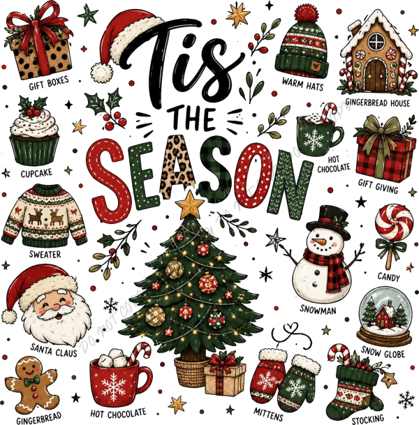 Colorful 'Tis the Season Christmas collage ready to press dtf transfer with holiday icons and festive designs