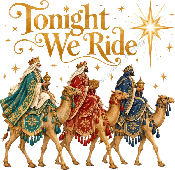 Three majestic camels with crowned kings in jewel-toned robes and gold accents, ready to press dtf transfer