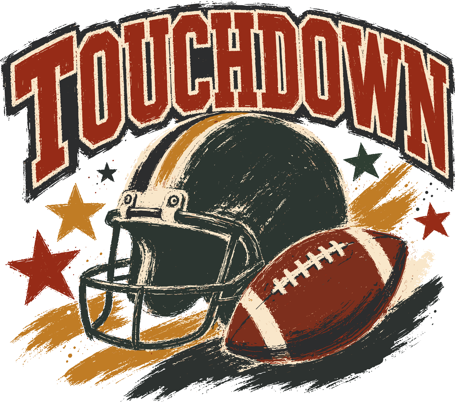 Touchdown football design with dark helmet, red football, gold and red stars, ready to press dtf transfer