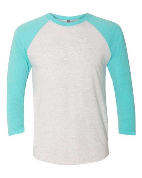 Triblend Three - Quarter Raglan T-Shirt - Tahiti Blue Sleeves/ Heather White Body - We Print U Press DTF Transfers