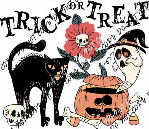 Trick or Treat Black Cat & Ghost DTF Transfer - We Print U Press DTF Transfers