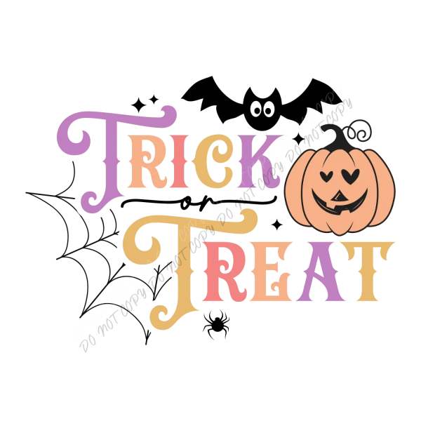 Colorful Trick or Treat design with pumpkin, bat, and spider web, ready to press dtf transfer