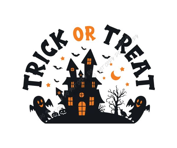Black haunted house with orange glowing windows, flying bats, ghosts, dead tree, stars and moon with trick or treat text in orange—ready to press DTF transfer.