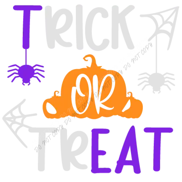 Orange pumpkin with purple spiders and gray spider webs, ready to press dtf transfer for Halloween