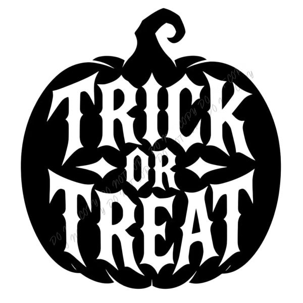 Black pumpkin silhouette with "Trick or Treat" text in gothic font, ready to press dtf transfer for Halloween clothing.