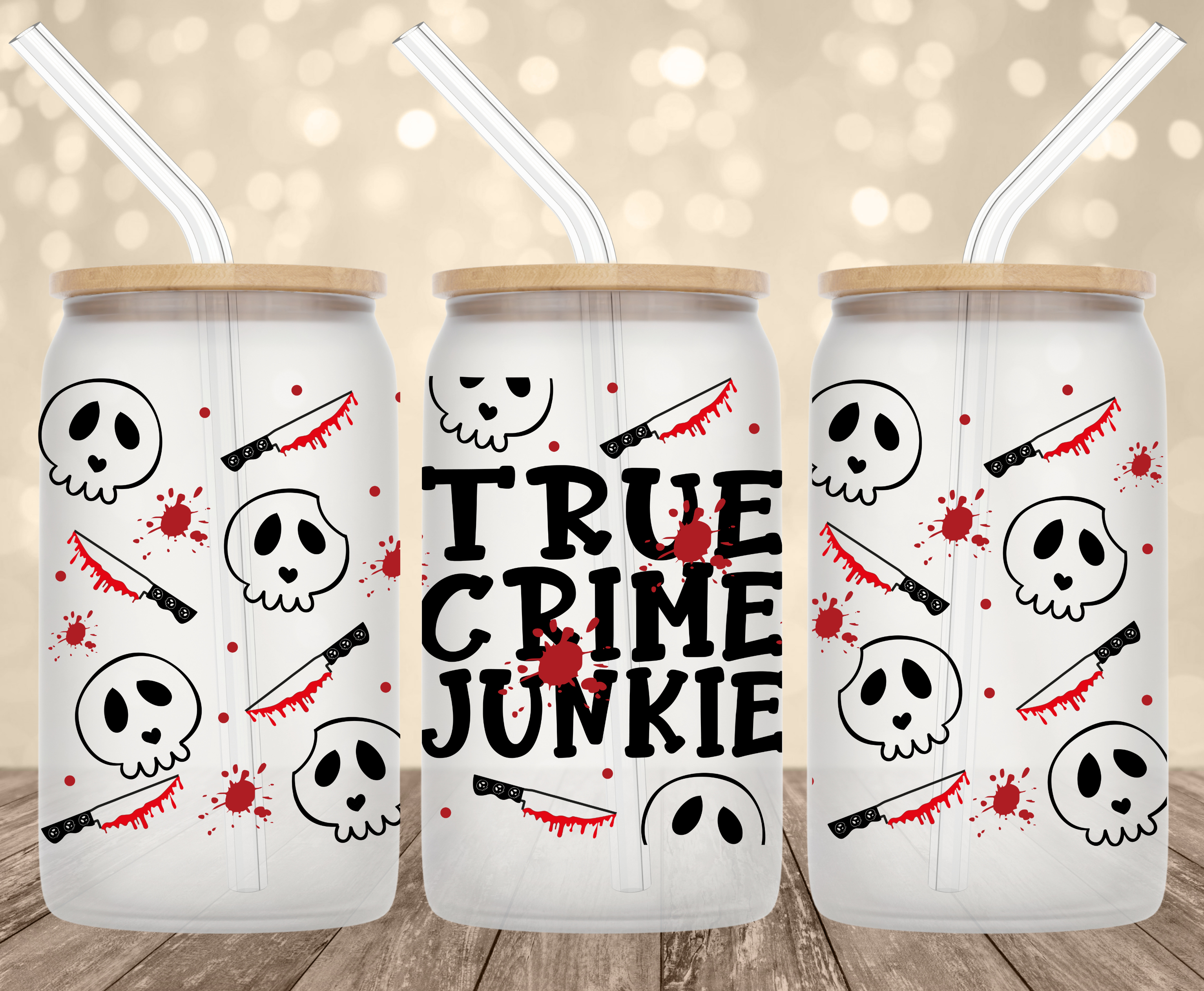 True Crime Junkie UV Transfer for 16 oz Glass Can Tumblers