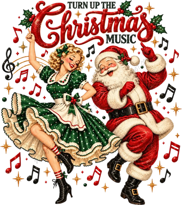 Vintage Christmas music ready to press dtf transfer with Santa and dancing pin-up girl in green dress