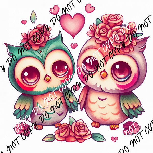 Two Owls in Love Watercolor DTF Transfer - We Print U Press DTF Transfers