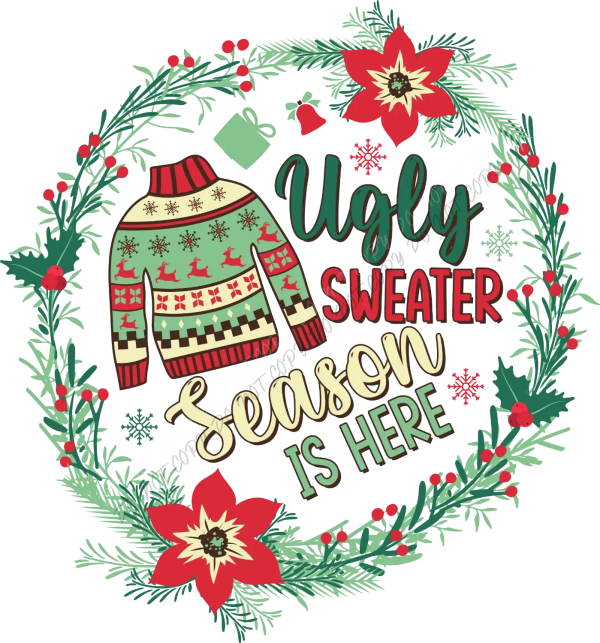 Green and red ugly sweater design with poinsettias and wreath, ready to press dtf transfer