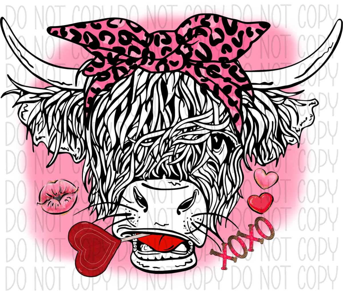 Valentine Pink Bow Highland Cow Dtf Transfer