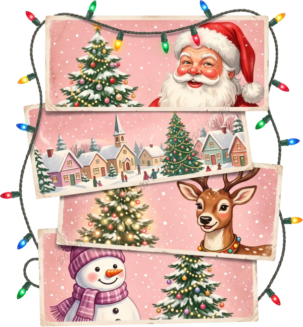 Vintage Christmas collage ready to press dtf transfer with Santa, reindeer, snowman, village and colorful string lights on pink background