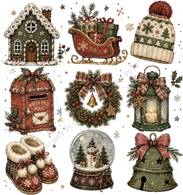Vintage Christmas holiday icons including gingerbread house, sleigh, beanie, mailbox, wreath, lantern, boots, and snow globe ready to press dtf transfer