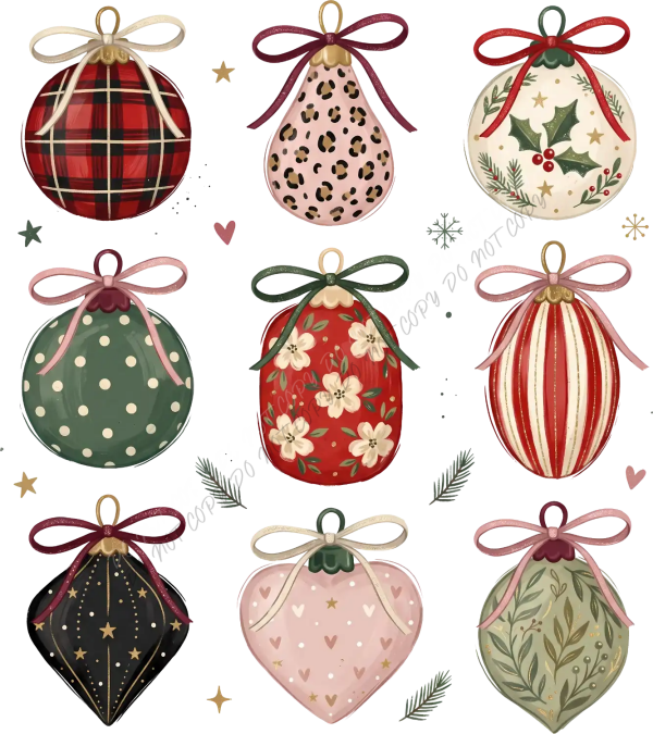 Nine decorative Christmas ornament designs in vintage style ready to press dtf transfer with plaid, leopard, floral, and striped patterns