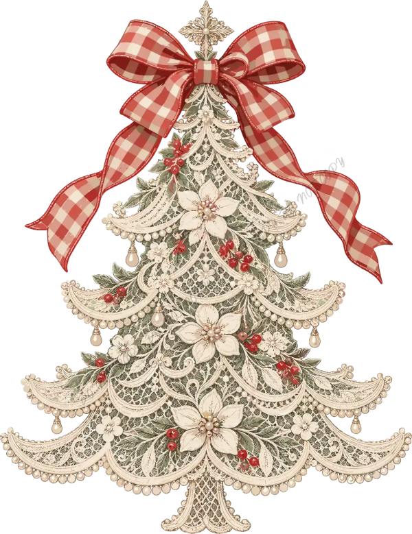 Ornate cream lace Christmas tree with red gingham ribbon bow, white poinsettias, and hanging pearls ready to press dtf transfer