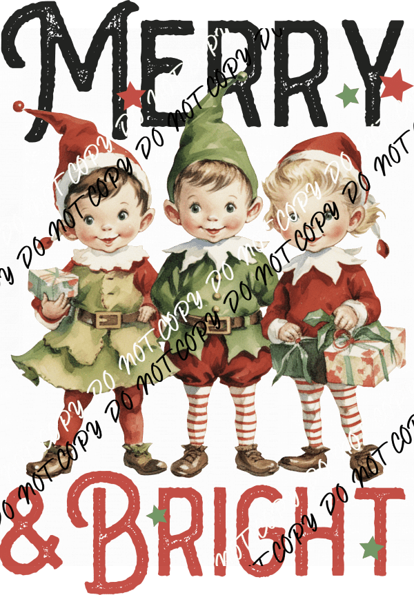 Vintage Merry & Bright Elves DTF Transfer - We Print U Press DTF Transfers