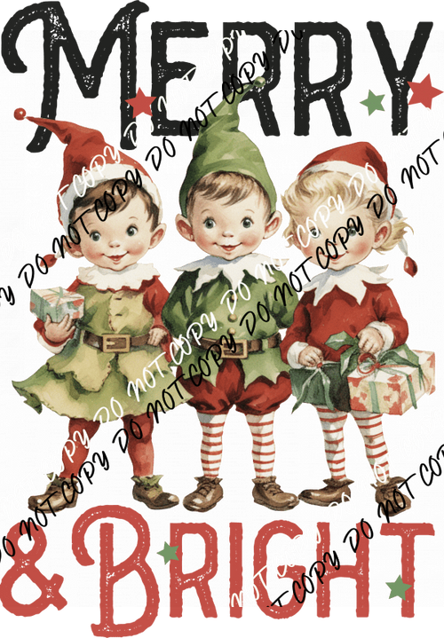 Vintage Merry & Bright Elves DTF Transfer - We Print U Press DTF Transfers