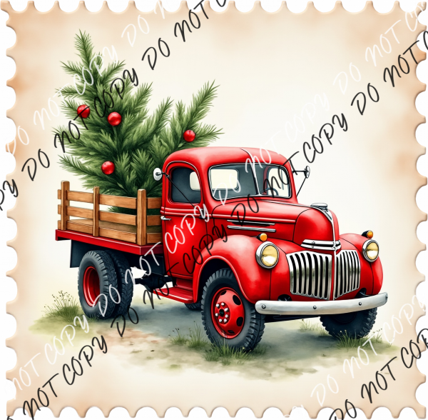Vintage Red Truck with Christmas Tree Stamp DTF Transfer RTP DTF Transfers