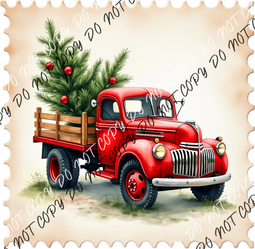 Vintage Red Truck with Christmas Tree Stamp DTF Transfer RTP DTF Transfers