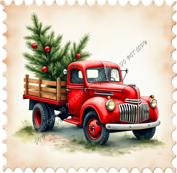 Vintage Red Truck with Christmas Tree Stamp DTF Transfer RTP DTF Transfers