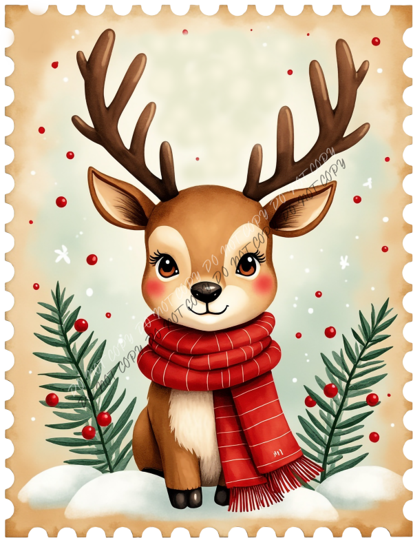 Vintage Winter Reindeer with Red Scarf Stamp DTF Transfer RTP DTF Transfers