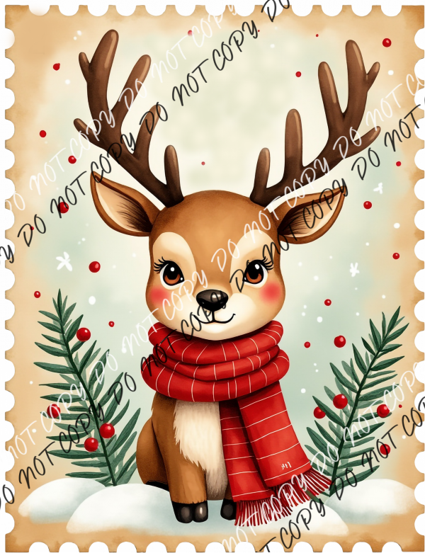 Vintage Winter Reindeer with Red Scarf Stamp DTF Transfer RTP DTF Transfers