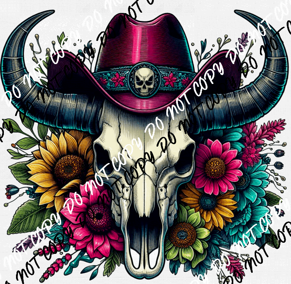 Western Boho Cow Skull Bright Floral DTF Transfer - We Print U Press DTF Transfers