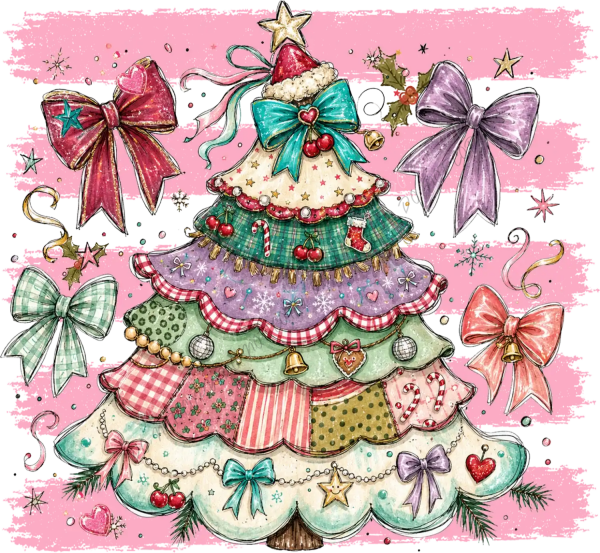 Whimsical patchwork Christmas tree with colorful fabric patches and bows, ready to press dtf transfer design on pink background.