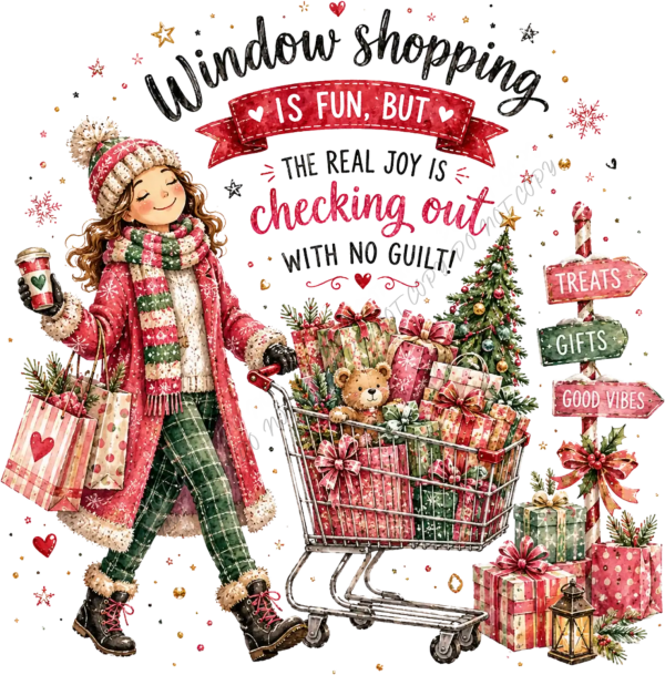 Festive girl in pink winter coat with shopping cart full of gifts, ready to press dtf transfer with Christmas holiday design