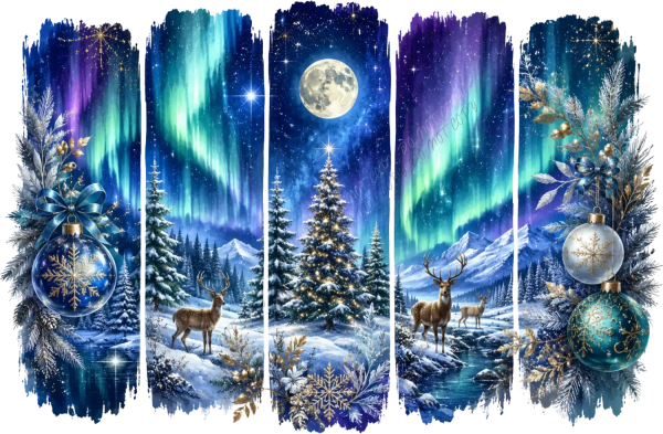 Winter aurora forest scene with northern lights, full moon, deer, and snow-covered trees ready to press dtf transfer