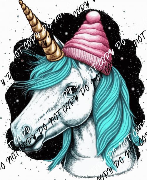 Winter Unicorn With Pink Beanie DTF Transfer - We Print U Press DTF Transfers